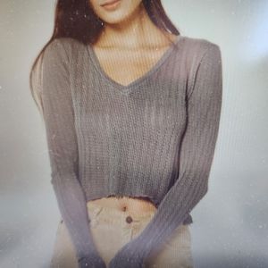 NWT Tillys Full Tilt Pointelle V-neck Women's Gray Knit All Cotton Crop Top XL